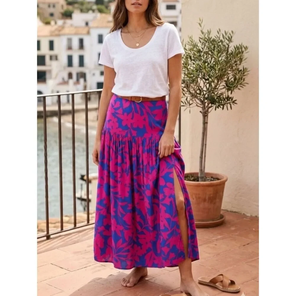 Abel the Label Floral Pink Blue Cassidy Maxi Skirt Side Slits Women’s Medium